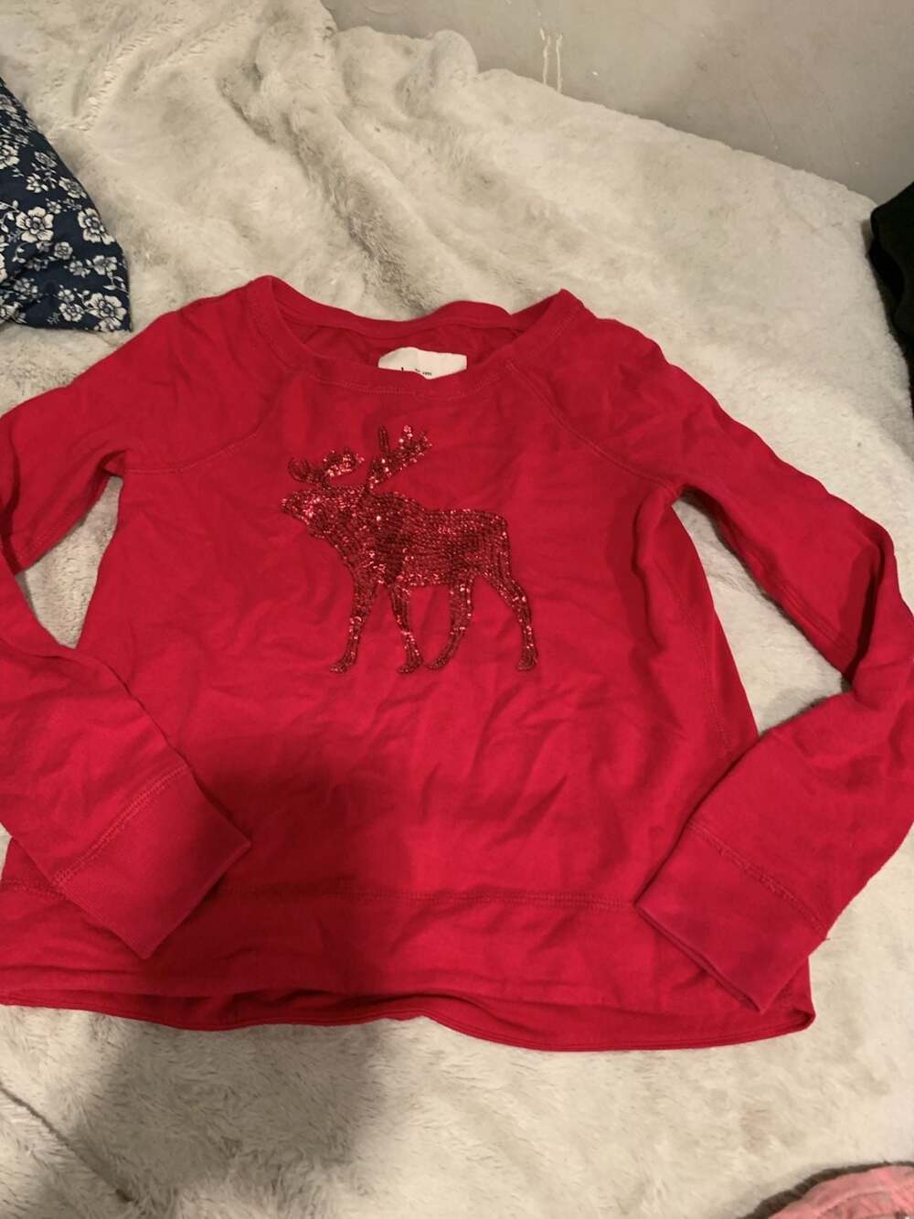 Abercrombie Kids Sweatshirt Size M Red Sequin Moose Christmas Holiday